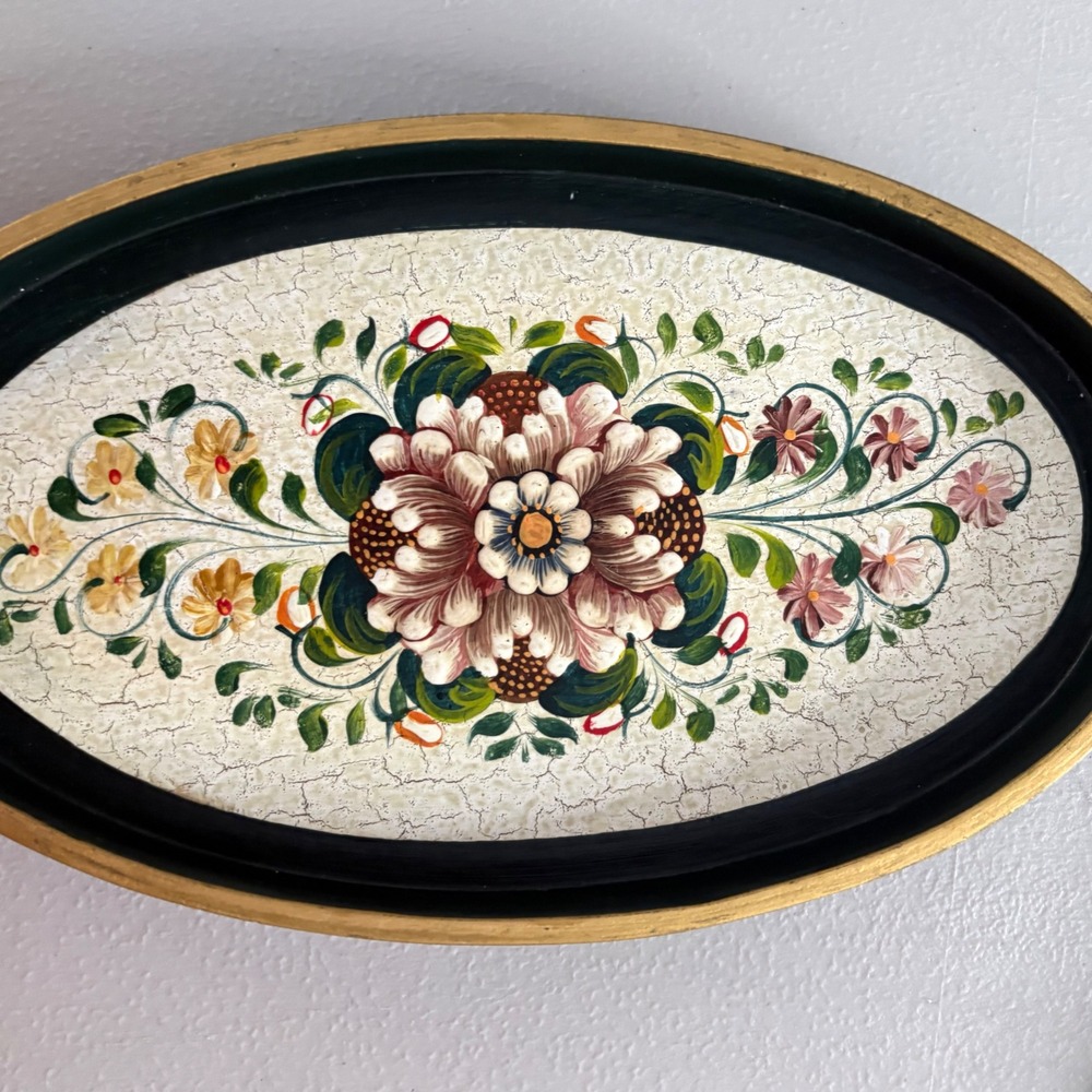 Vintage‎ Floral Hand Painted Nesting Trays Set of 3 Oval Black Gold Crackle Folk - Picture 15 of 16